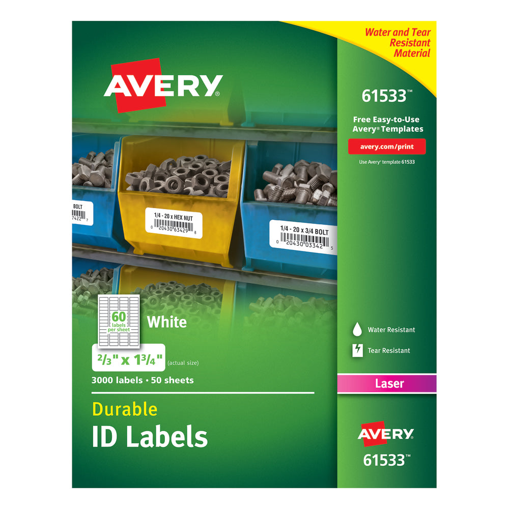 Avery Permanent Durable ID Labels With TrueBlock Technology, 61533, 2/3in x 1 3/4in, White, Pack Of 3,000