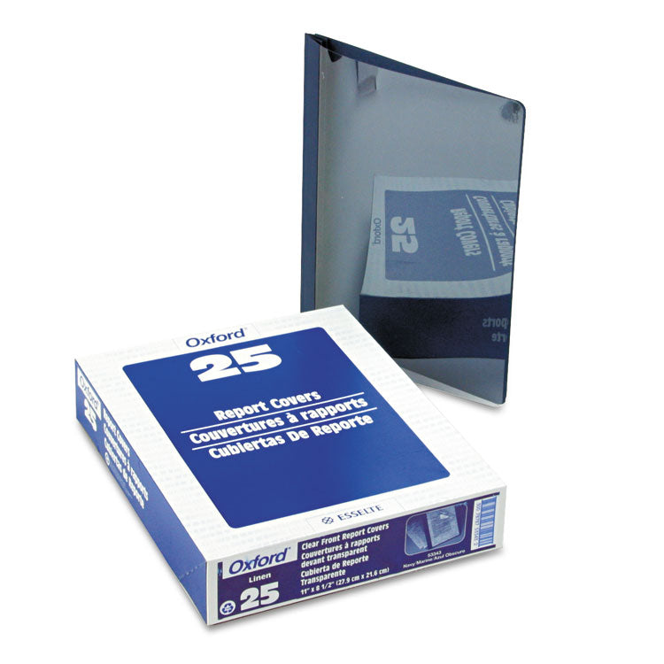 Clear Front Linen Report Cover, Three-Prong Fastener, 0.5" Capacity, 8.5 X 11, Clear/navy, 25/box