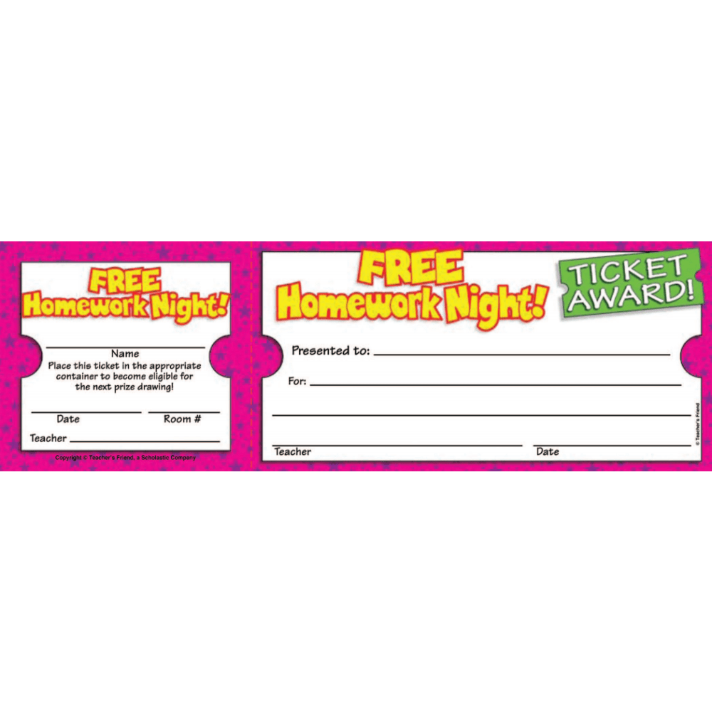 Scholastic Teachers Friend Free Homework Night Ticket Awards, 8 1/2in x 2 3/4in, Grade K - 5, Pack Of 100