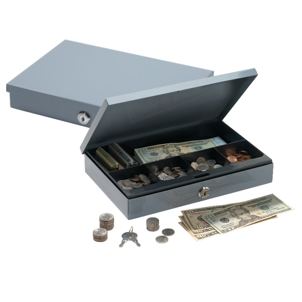 Office Depot Brand Ultra-Slim Cash Box With Security Lock, 2inH x 11 1/4inW x 7 1/2inD, Gray