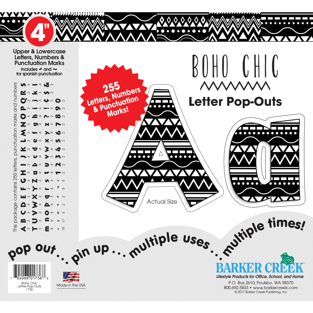 Barker Creek Letter Pop-Outs, 4in, Boho Chic, Set Of 255