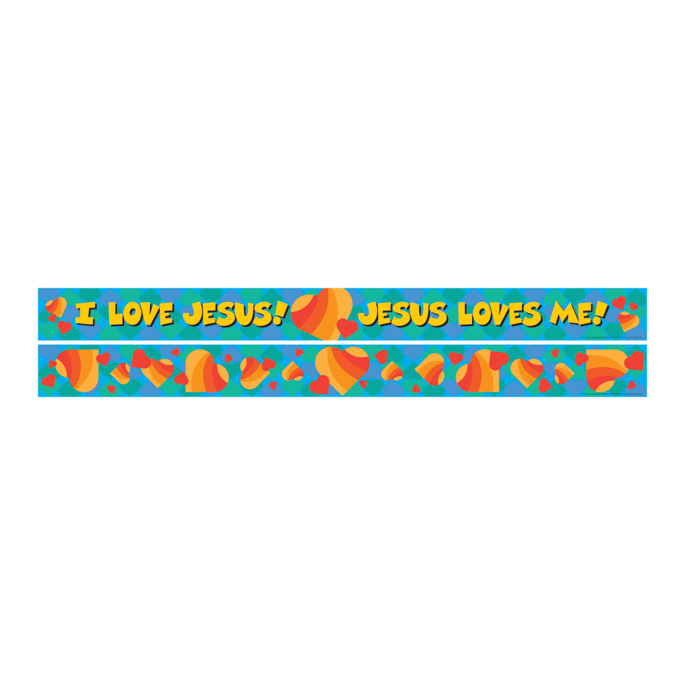 Barker Creek Double-Sided Straight-Edge Border Strips, 3in x 35in, Jesus Loves Me, Pack Of 12