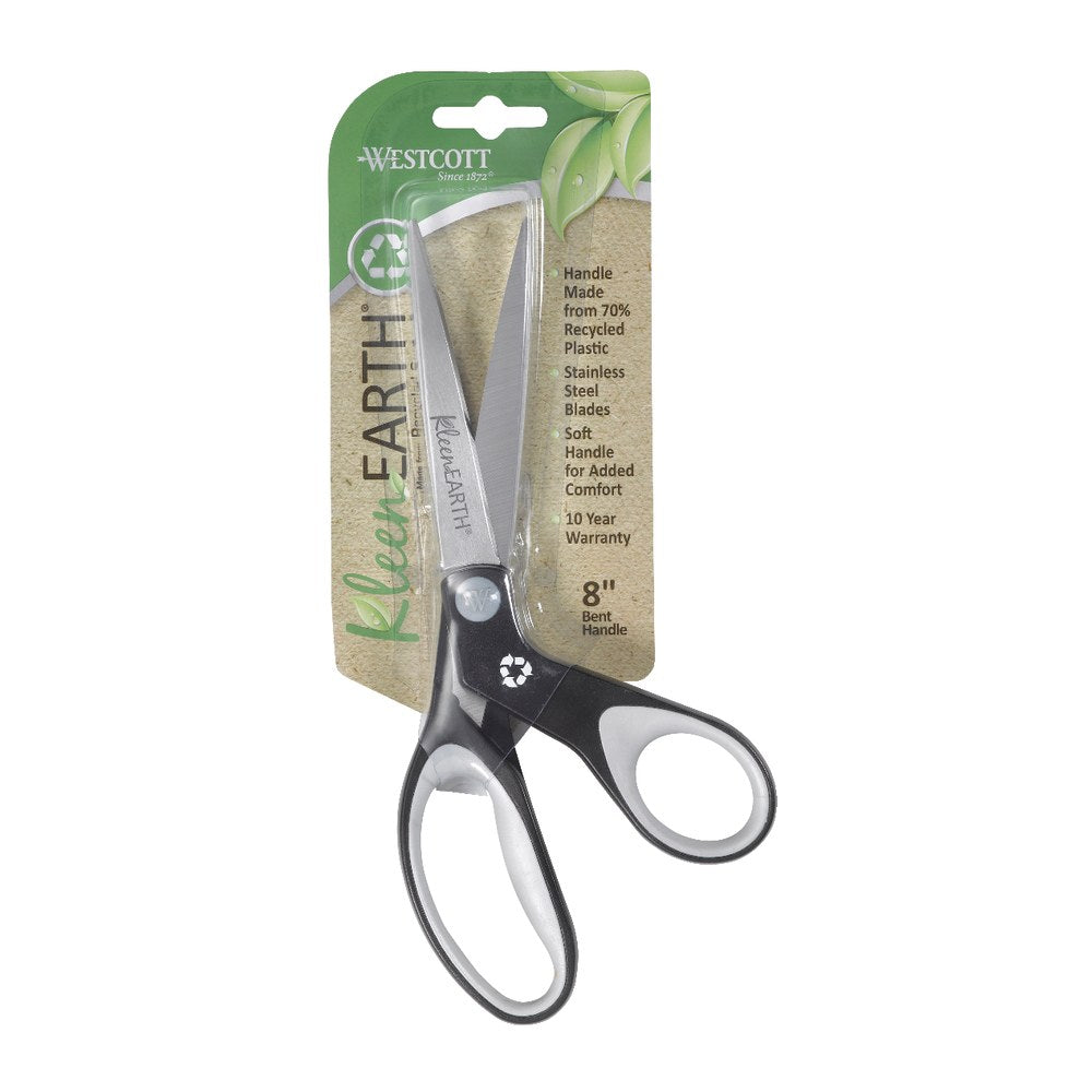 Westcott KleenEarth Bent Soft-Handle Scissors, 8in, Pointed, Black/Gray
