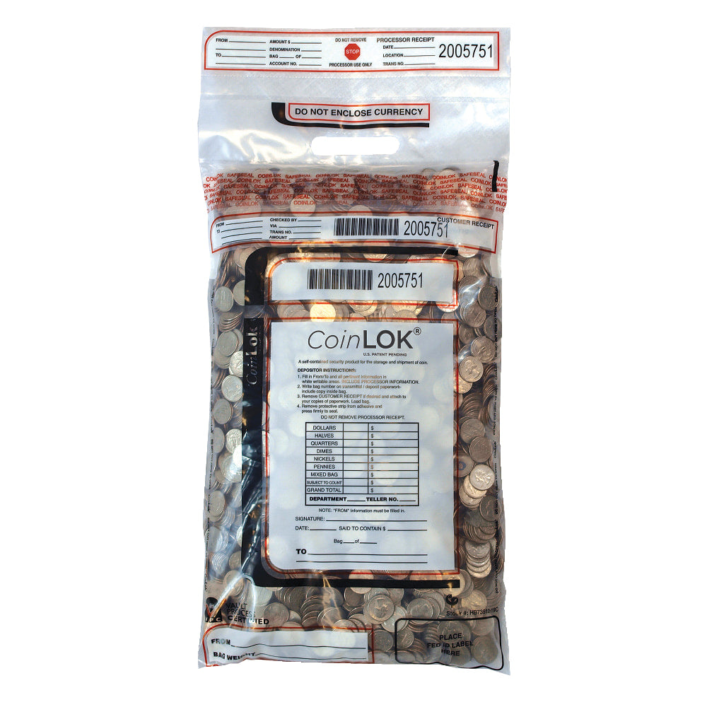CoinLOK Tamper Evident Coin Bags, 14 1/2in x 25in, Clear, Pack Of 50