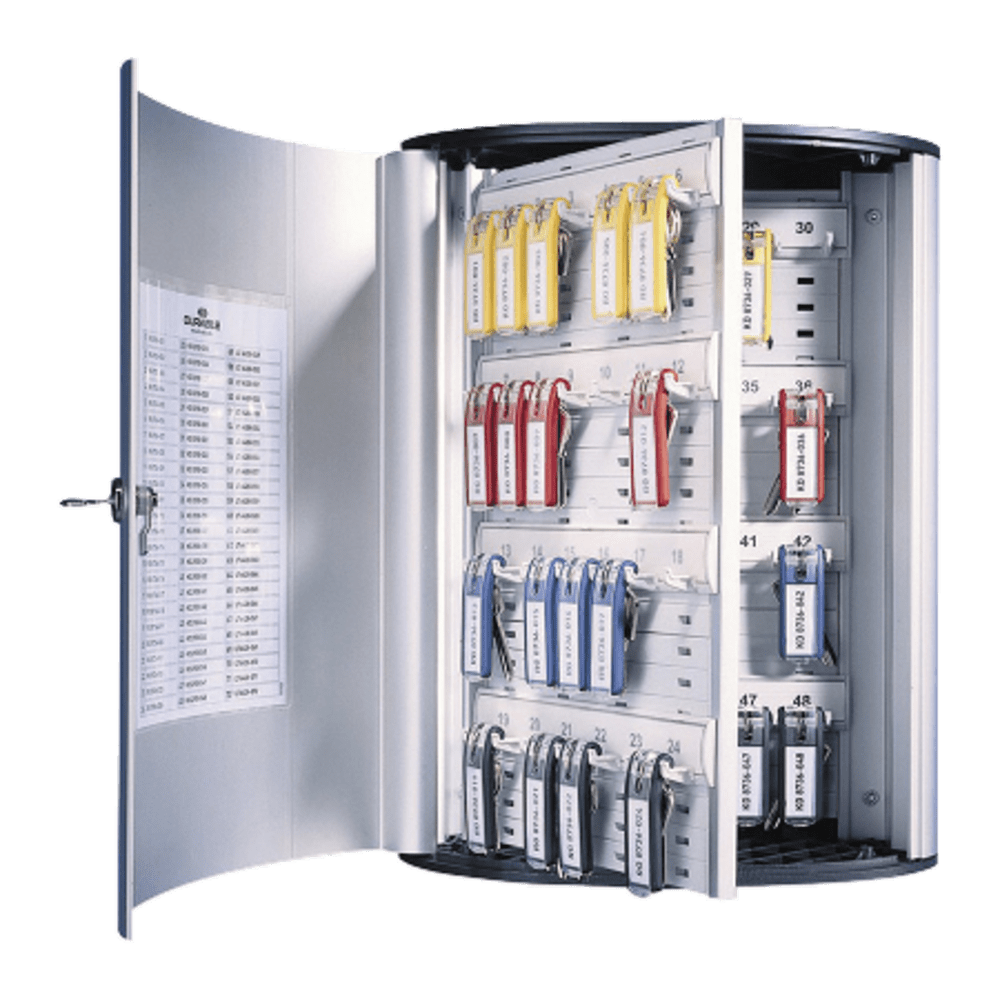 Durable 72-Key Locking Tag-Style Aluminum Key Tag Cabinet, 15 3/4in x 11 3/4in x 4 5/8in, Silver