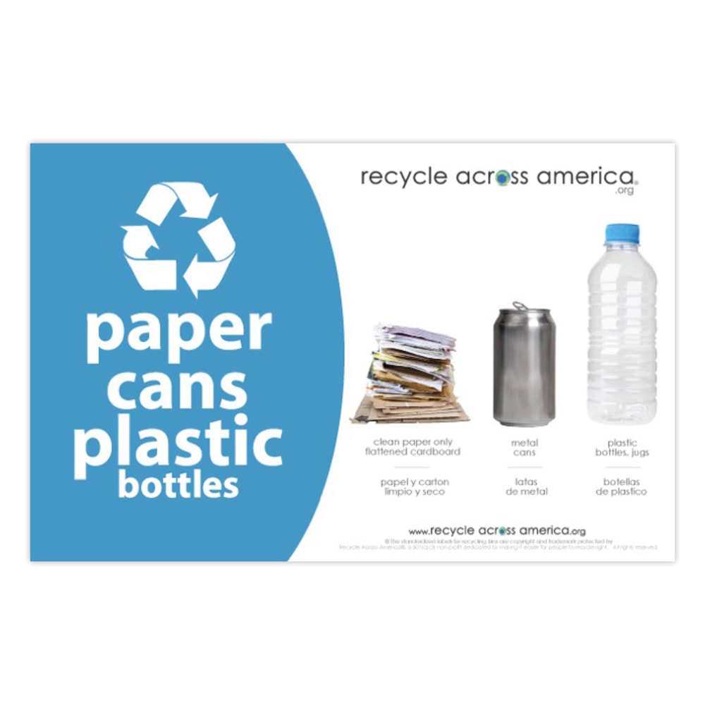 Recycle Across America Paper, Cans And Plastic Standardized Recycling Label, PCP-5585, 5 1/2in x 8 1/2in, Light Blue