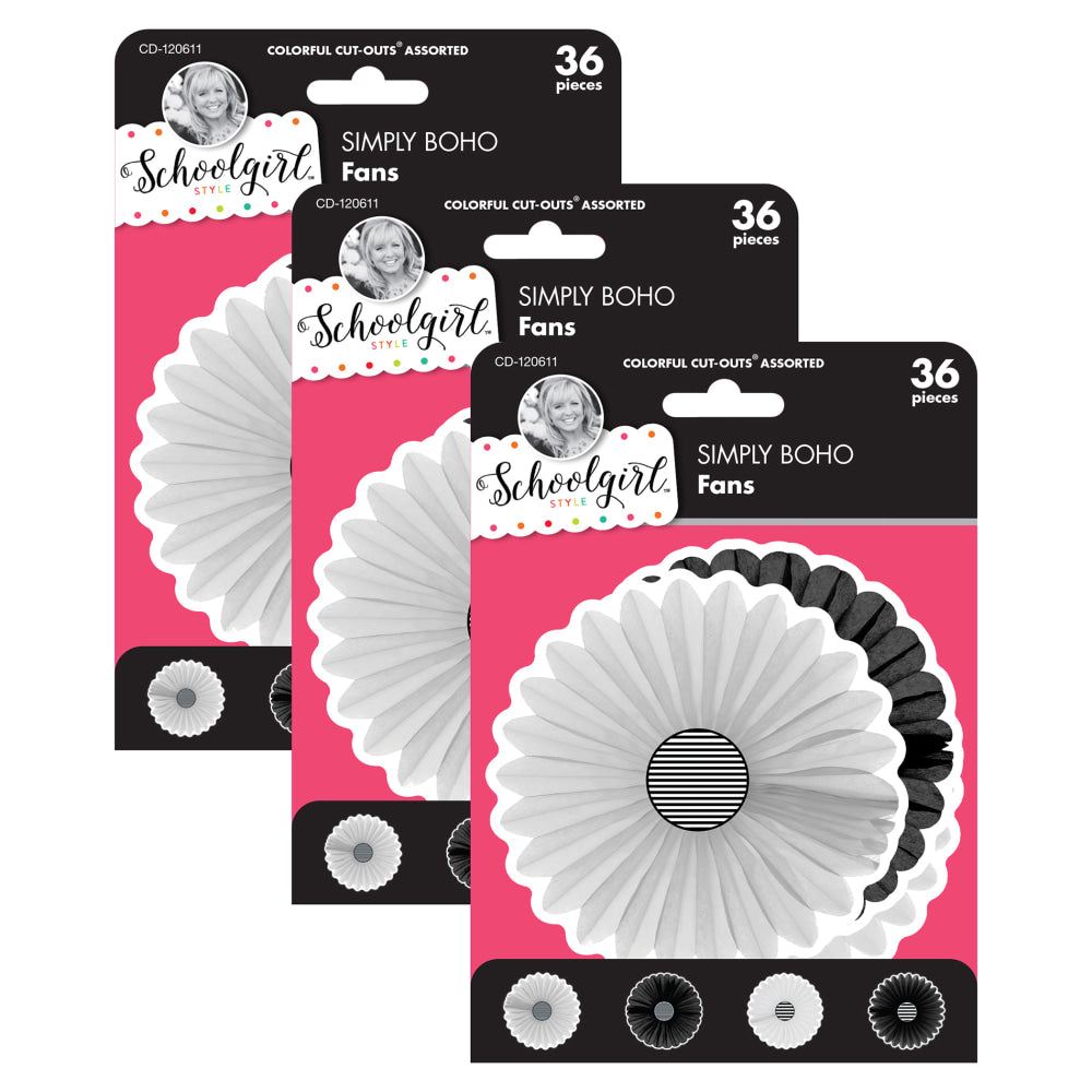 Carson Dellosa Education Cut-Outs, Schoolgirl Style Simply Boho Fans, 36 Cut-Outs Per Pack, Set Of 3 Packs