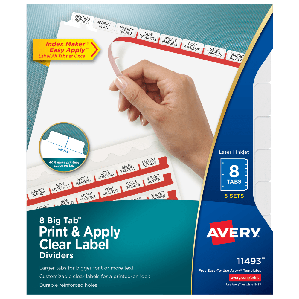 Avery Big Tab Print & Apply Clear Label Dividers with Index Maker Easy Apply Printable Label Strip, 8-Tab, White, Pack of 5 Sets