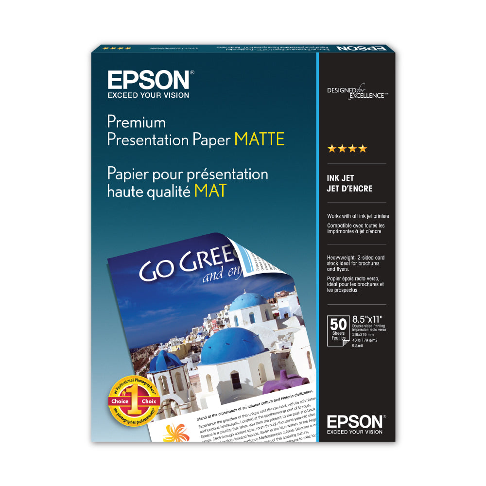 Epson Premium Presentation Paper, White, Letter (8.5in x 11in), 50 Sheets Per Pack, 44 Lb, 97 Brightness