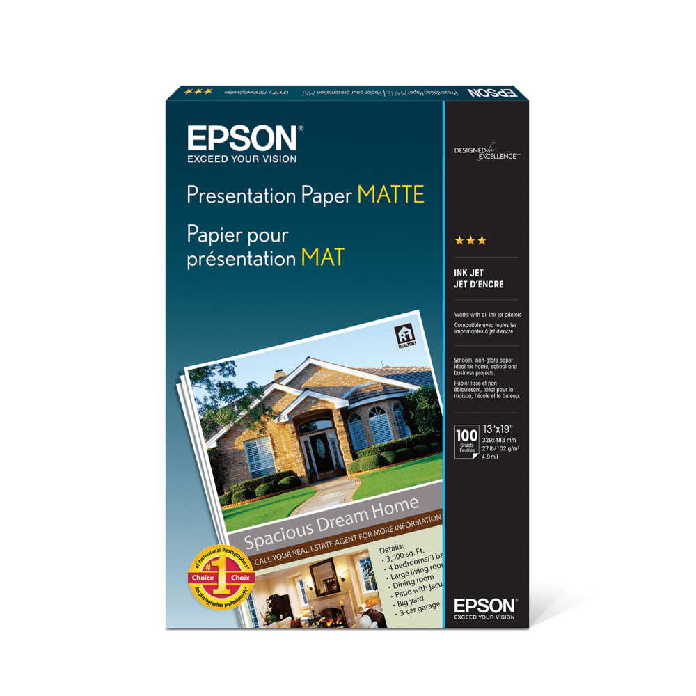 Epson Presentation Paper, Matte White, 13in x 19in, 100 Sheets Per Pack, 27 Lb, 90 Brightness