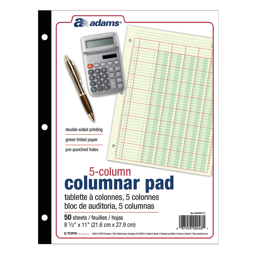 Adams Analysis Pad, 8 1/2in x 11in, 100 Pages (50 Sheets), 5 Columns, Green