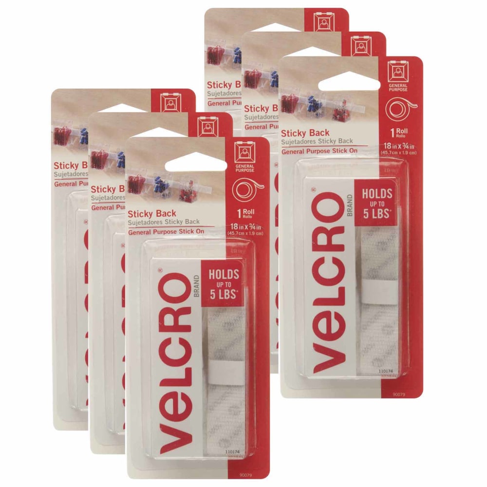 VELCRO Brand Sticky Back Tape, 3/4in x 18in, White, Pack Of 6