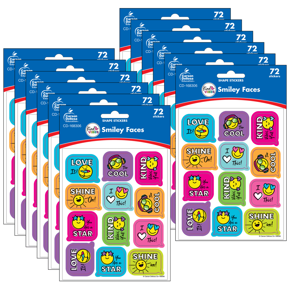 Carson Dellosa Education Stickers, Kind Vibes Smiley Faces, 72 Stickers Per Pack, Set Of 12 Packs