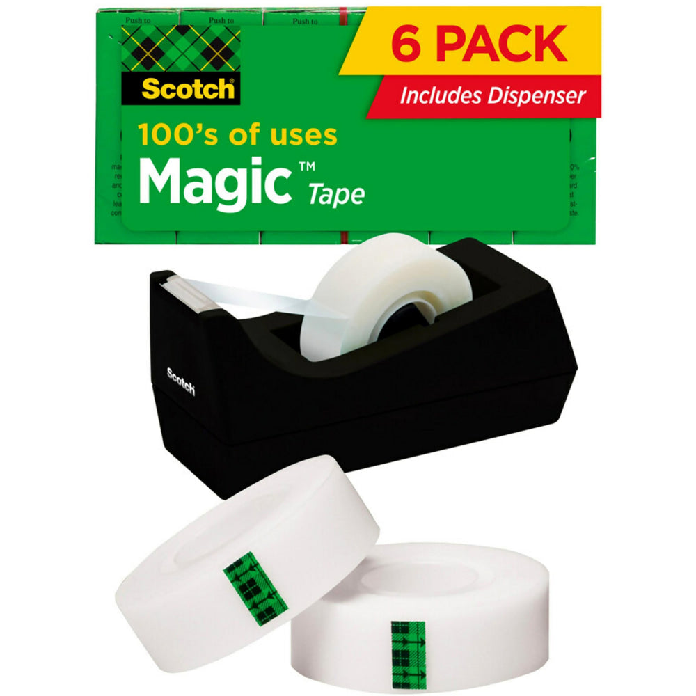 Scotch Magic Tape with Dispenser, Invisible, 3/4 in x 1000 in, 6 Tape Rolls, Clear, Home Office and School Supplies