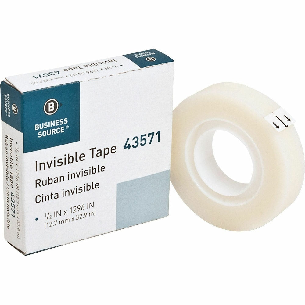 Business Source 1/2in Invisible Tape Refill Roll - 36 yd Length x 0.50in Width - 1in Core - For Sealing, Packing, Mending, Splicing, Holding - 1 / Roll - Clear
