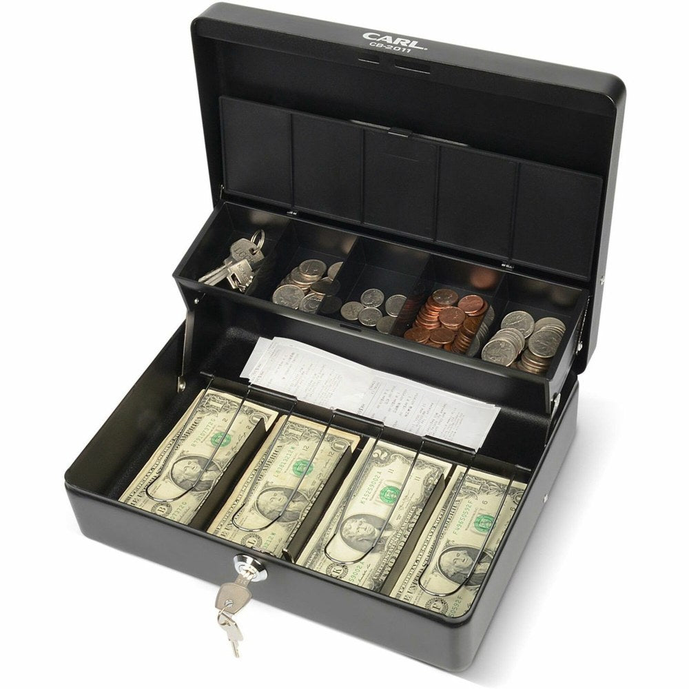 CARL Bill Slots Steel Security Cash Box - 4 Bill - 5 Coin - Steel - Black - 3.5in Height x 10in Width x 7in Depth