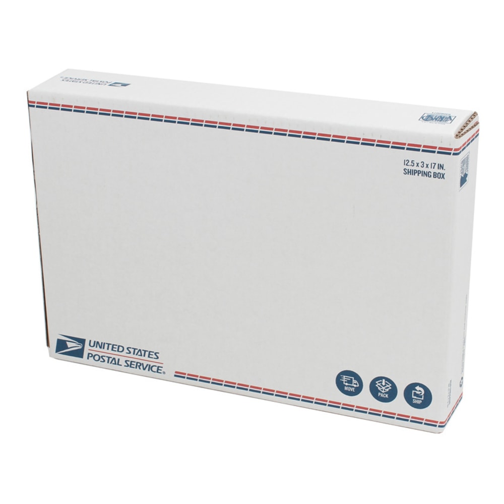 United States Post Office Fold Over Flap Shipping Box, 12-1/4in x 3in x 17-5/8in, White