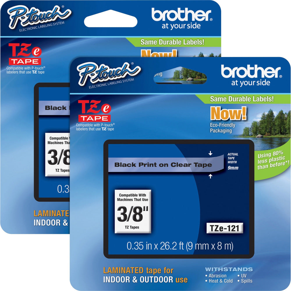 Brother P-touch TZe Laminated Tape Cartridges, 3/8inW, Rectangle, Clear, 2 Per Bundle