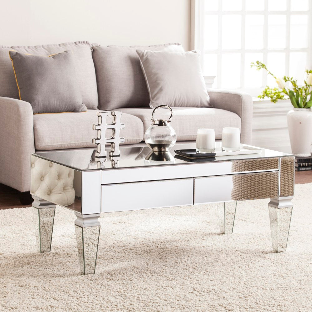 SEI Furniture Darien Contemporary Mirrored Cocktail Table, Rectangular, Matte Silver/Maroon