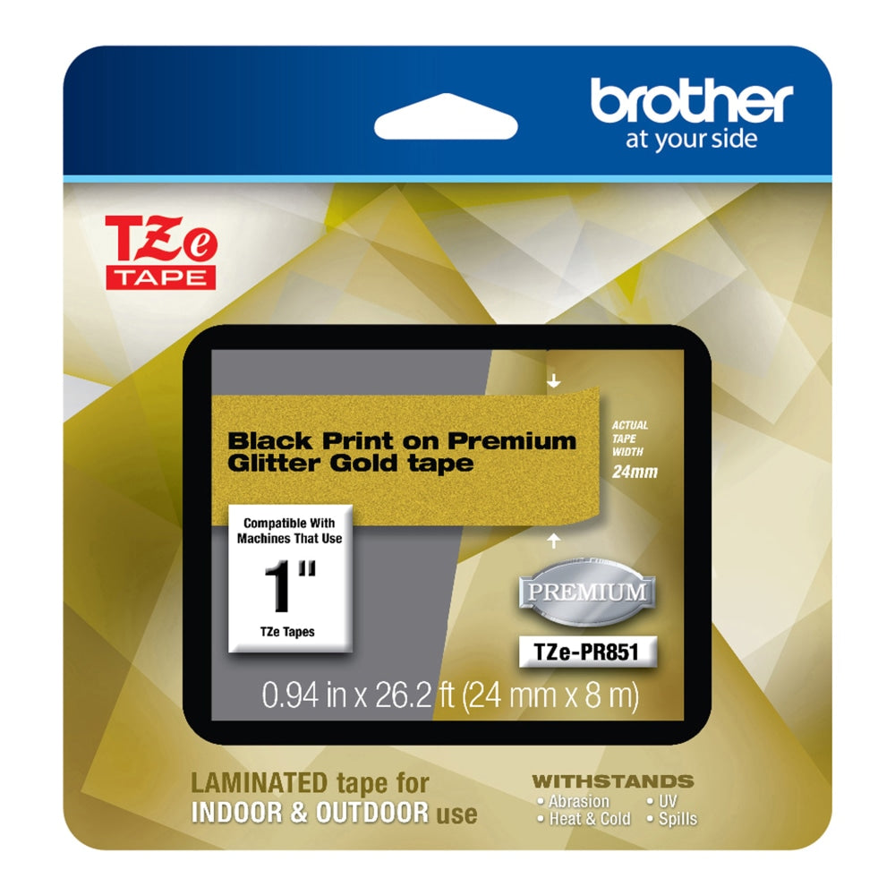 Brother TZe Premium Glitter Laminated Tape, 15/16in x 26-3/16ft, Black Ink/Gold Tape