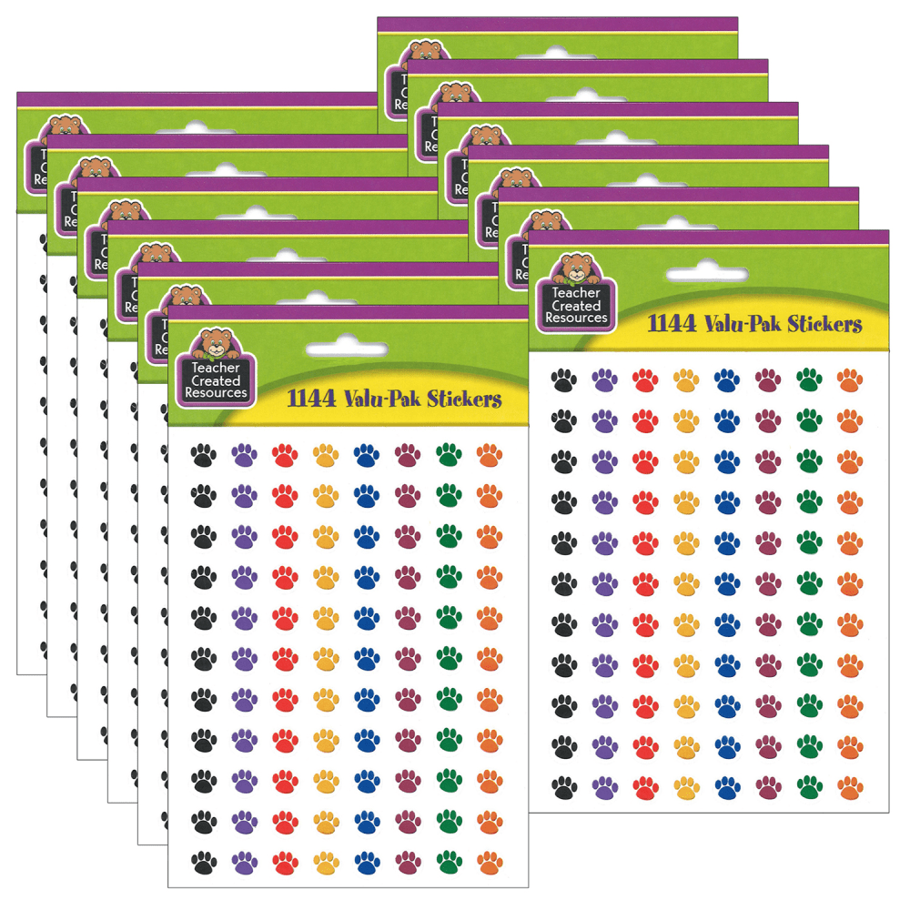 Teacher Created Resources Mini Stickers, 3/8in, Colorful Paw Prints, 1,144 Stickers Per Pack, Set Of 6 Packs