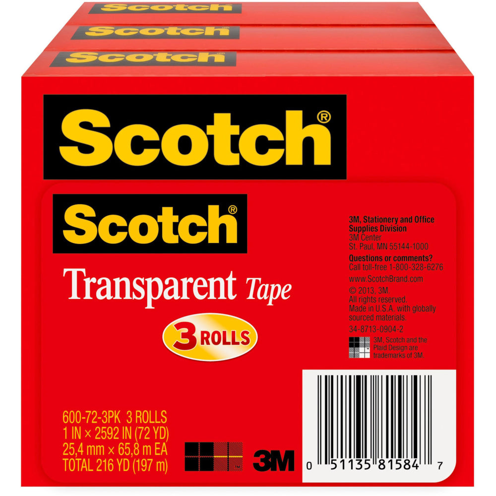 Scotch Transparent Tape, 1 in x 2592 in, 3 Tape Rolls, Clear, Home Office and School Supplies