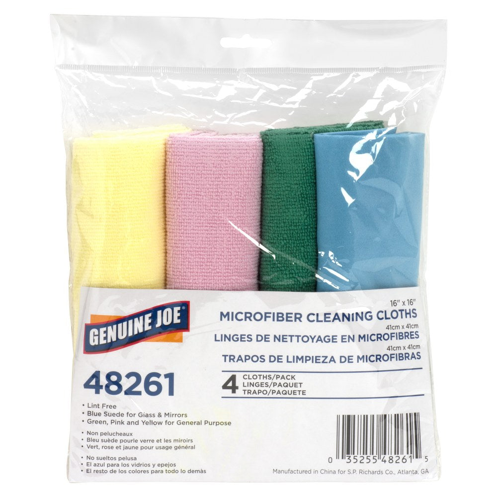 Genuine Joe Color-coded Microfiber Cleaning Cloths - 16in x 16in - Assorted - MicroFiber - 4 Per Pack - 36 / Carton