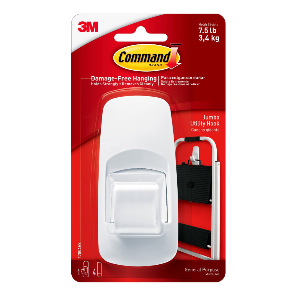 Command Jumbo Removable Plastic Utility Hook, 1-Command Hook, 4-Command Strips, Damage-Free, White