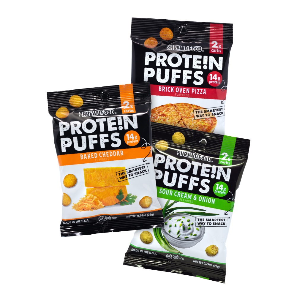 Shrewd Foods Protein Puffs Variety Pack, Brick Oven Pizza/Baked Cheddar/Sour Cream & Onion, 0.74 Oz, Box Of 9 Bags