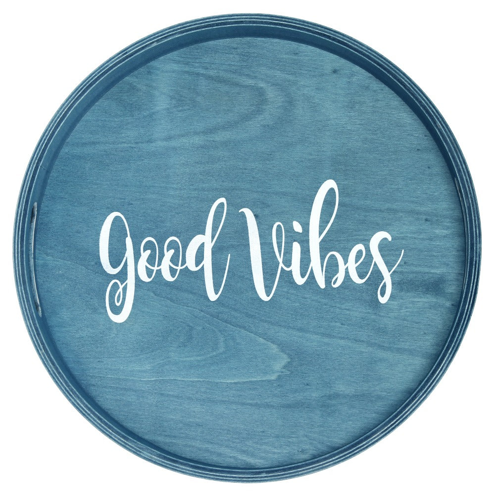 Elegant Designs Decorative Round Serving Tray, 1-11/16inH x 13-3/4inW x 13-3/4inD, Blue Wash Good Vibes