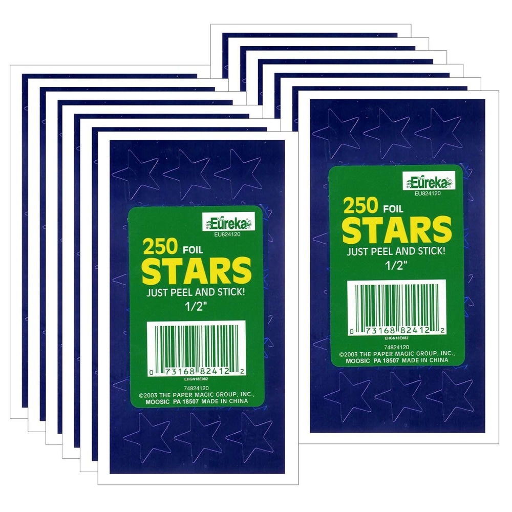 Eureka Presto-Stick Foil Star Stickers, 1/2in, Blue, 250 Stickers Per Pack, Set Of 12 Packs