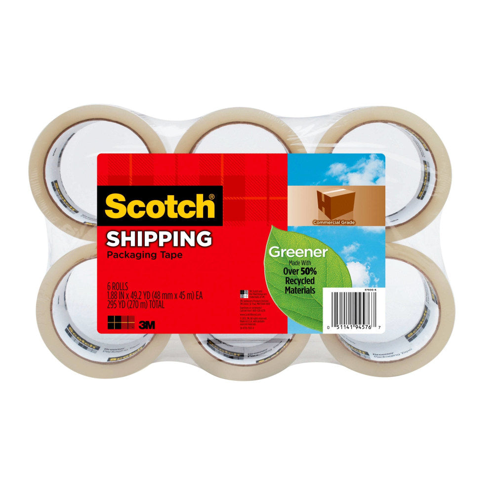 Scotch 3750 Greener Commercial Grade Packing Tape, 1-7/8in x 49.2 Yd., Clear, Pack Of 6 Rolls