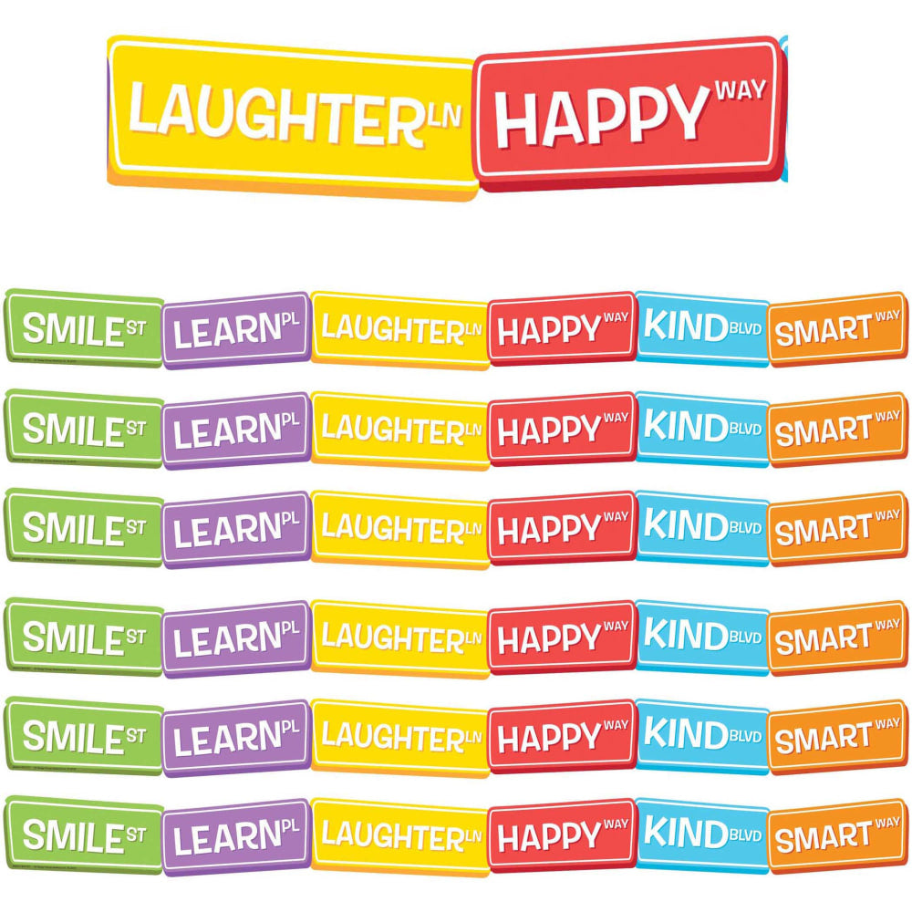 Eureka School Extra-Wide Deco Trim, A Teachable Town Happy Street Signs, 37' Per Pack, Set Of 6 Packs