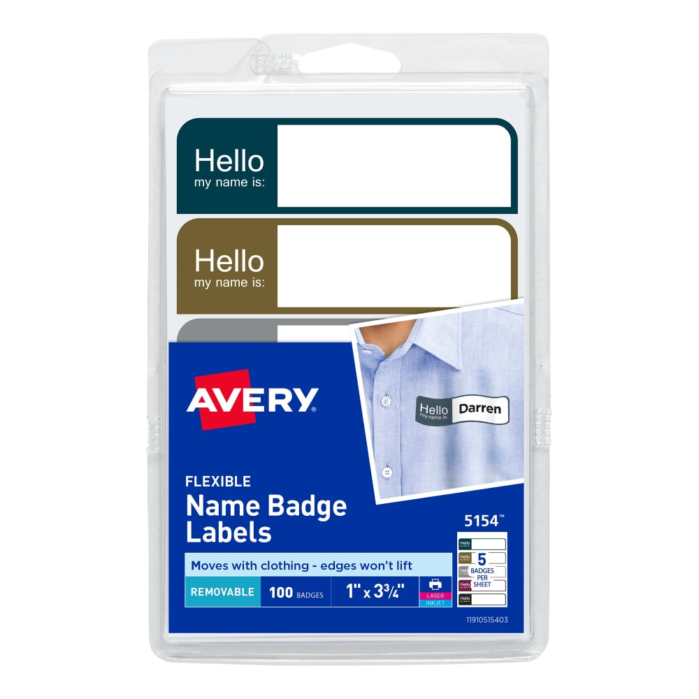 Avery Flexible Name Badge Labels, Rectangle, 5154, 1in x 3 3/4in, Assorted Colors, Pack Of 100