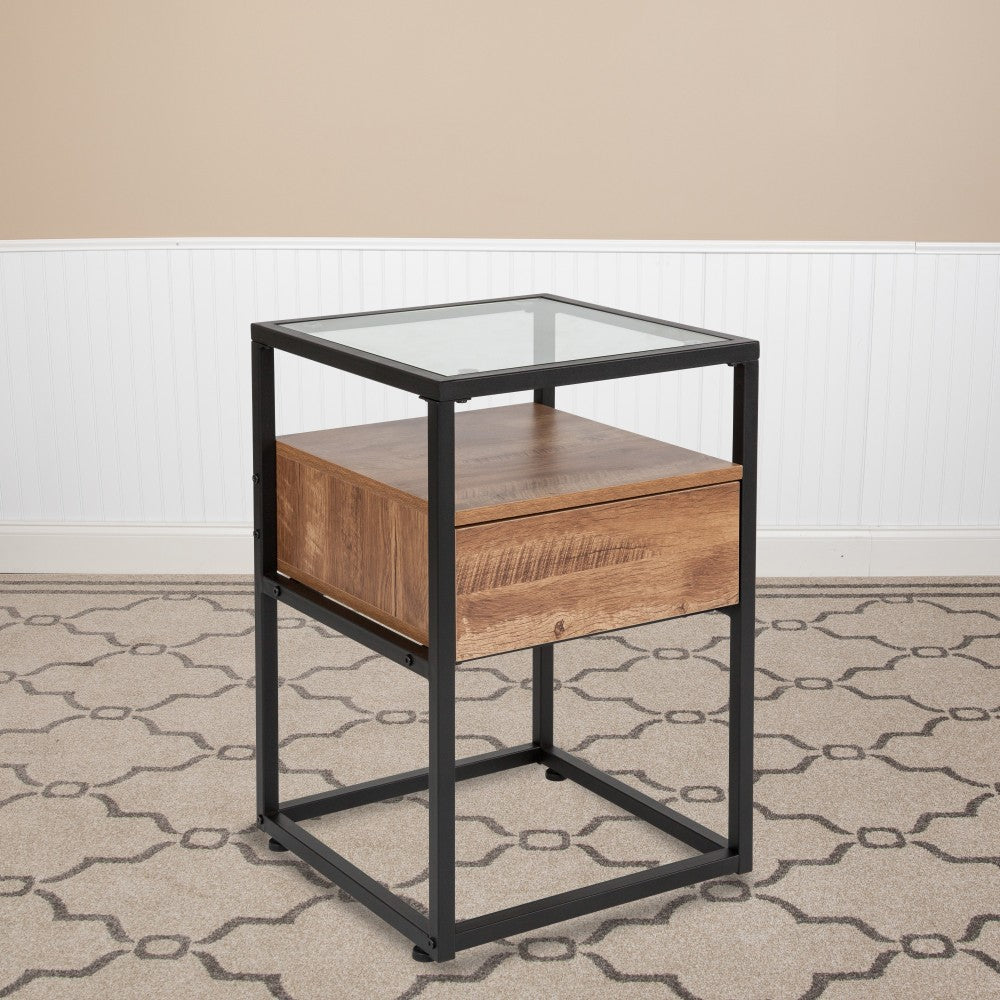 Flash Furniture Rustic Glass Coffee Table, 23-1/2inH x 15-3/4inW x 15-3/4inD, Clear/Black/Wood Grain