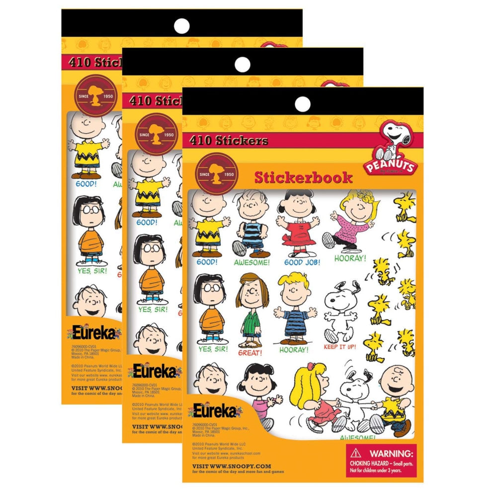 Eureka Sticker Books, Peanuts, 410 Stickers Per Book, Pack Of 3 Books