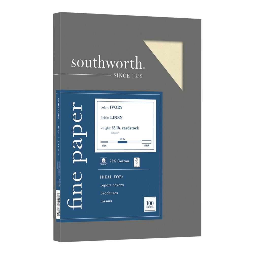 Southworth 25% Cotton Linen Cover Stock, 8 1/2in x 11in, 65 Lb, Ivory, Pack Of 100