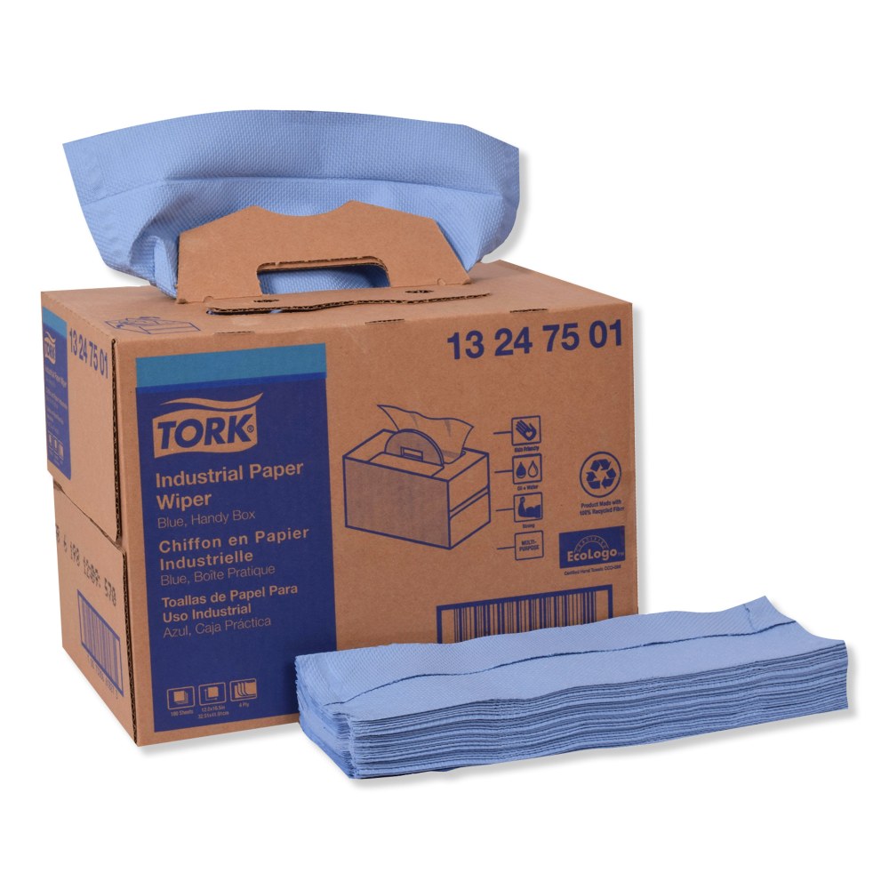 Tork Industrial 4-Ply Paper Wipers, 12-13/16in x 16-1/2in, Blue, Pack Of 180 Wipers