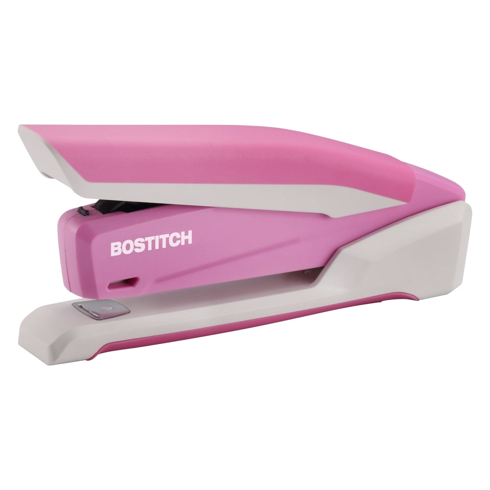 Bostitch InCourage Spring-Powered Desktop Stapler With Antimicrobial Protection, 20 Sheets Capacity, Pink/White