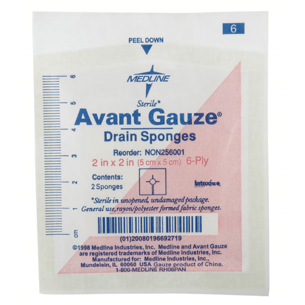 Medline Avant Sterile Gauze Drain Sponges, 2in, White, 70 Sponges Per Box, Case Of 40 Boxes