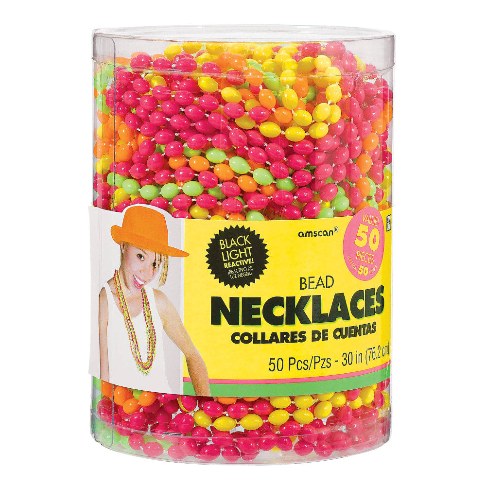 Amscan Bead Necklaces, 30in, Assorted Neon Colors, Pack Of 50 Necklaces