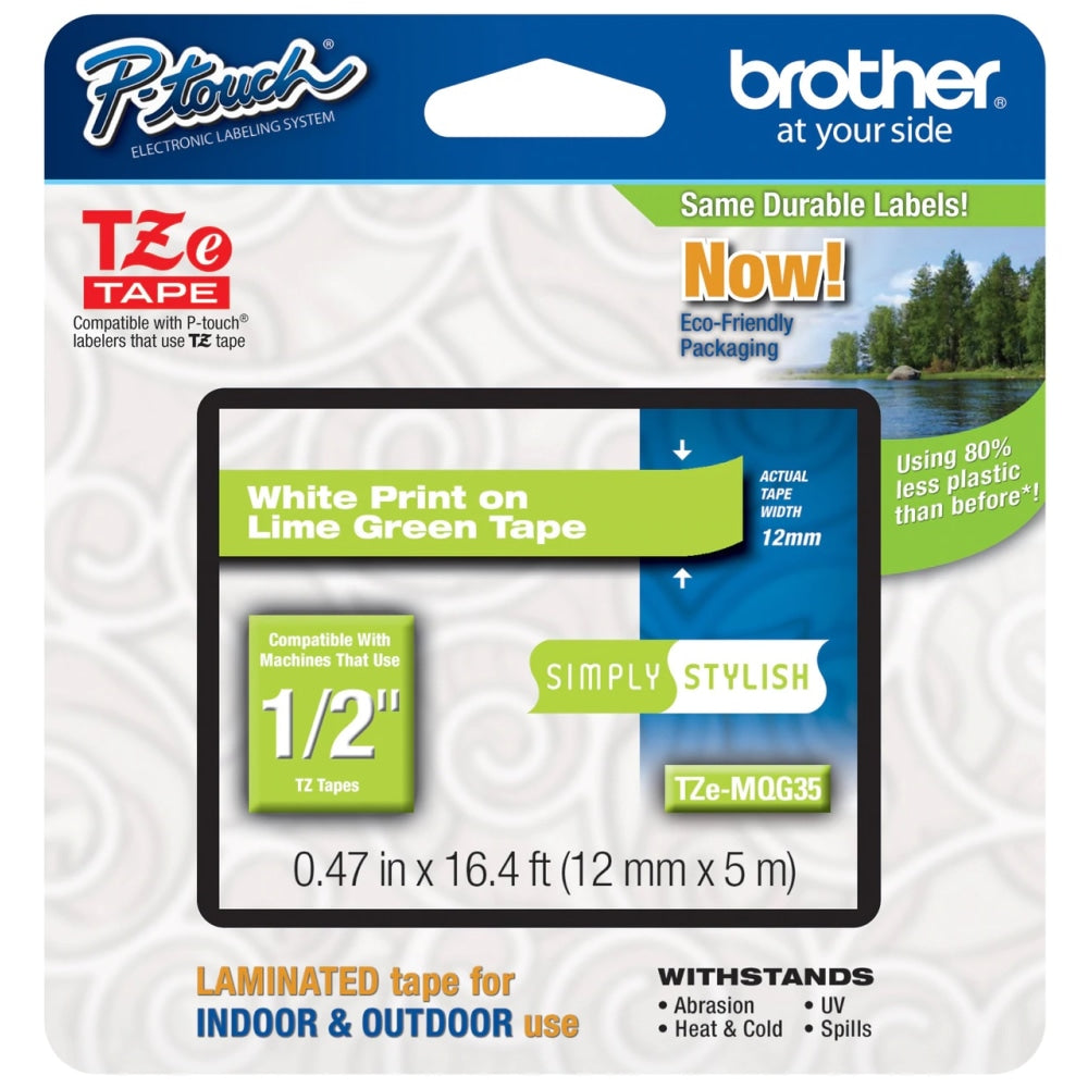 Brother TZe-MQG35 White-On-Lime Green Tape, 0.5in x 196.8in