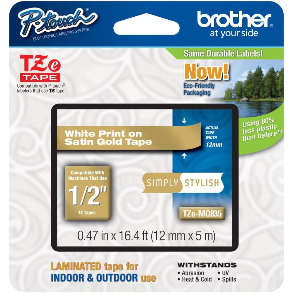 Brother TZe-MQ835 White-On-Satin Gold Tape, 0.5in x 196.8in