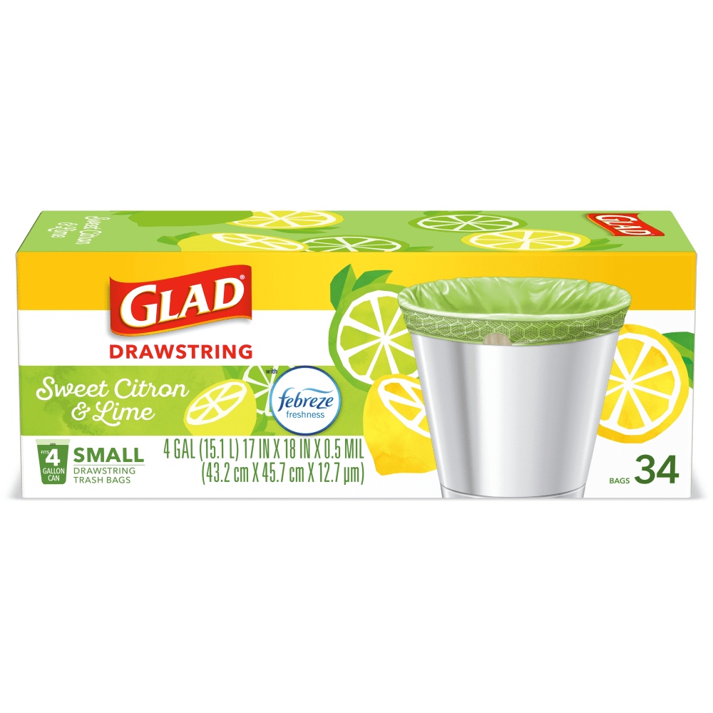 Glad Small Kitchen Drawstring Trash Bags, 4 Gallons, Febreze Sweet Citron And Lime, Green, Box Of 34 Bags