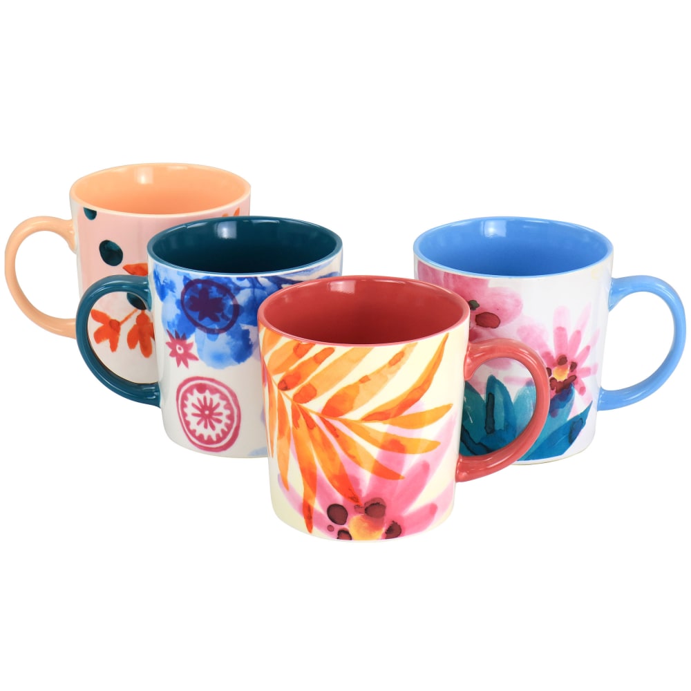 Spice by Tia Mowry Goji Blossom Fine Ceramic 4-Piece Mug Set, 17 Oz, Multicolor