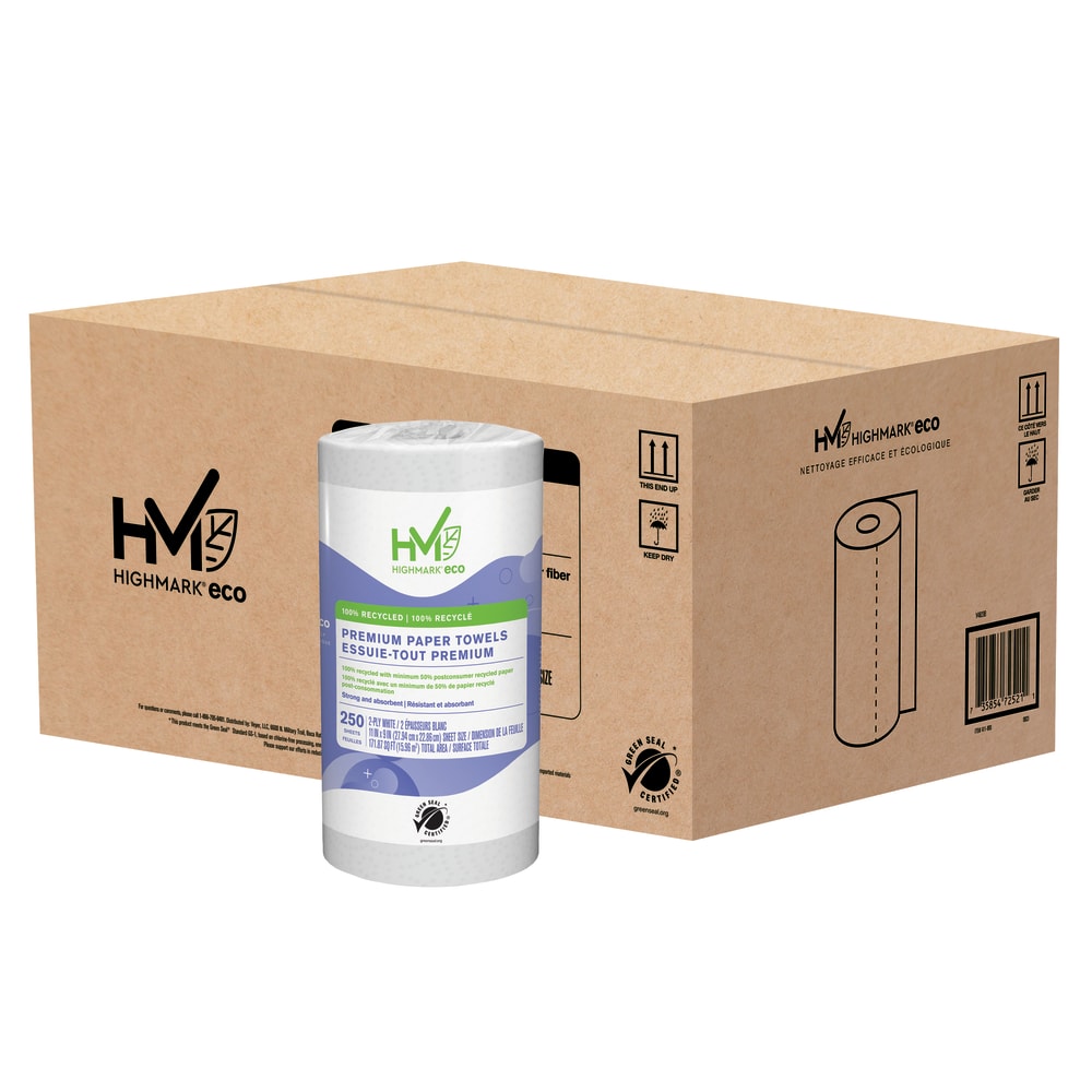 Highmark ECO 2-Ply Premium Paper Towels, 9in x 11in, 100% Recycled, 250 Sheets Per Roll, Pack of 12 Rolls