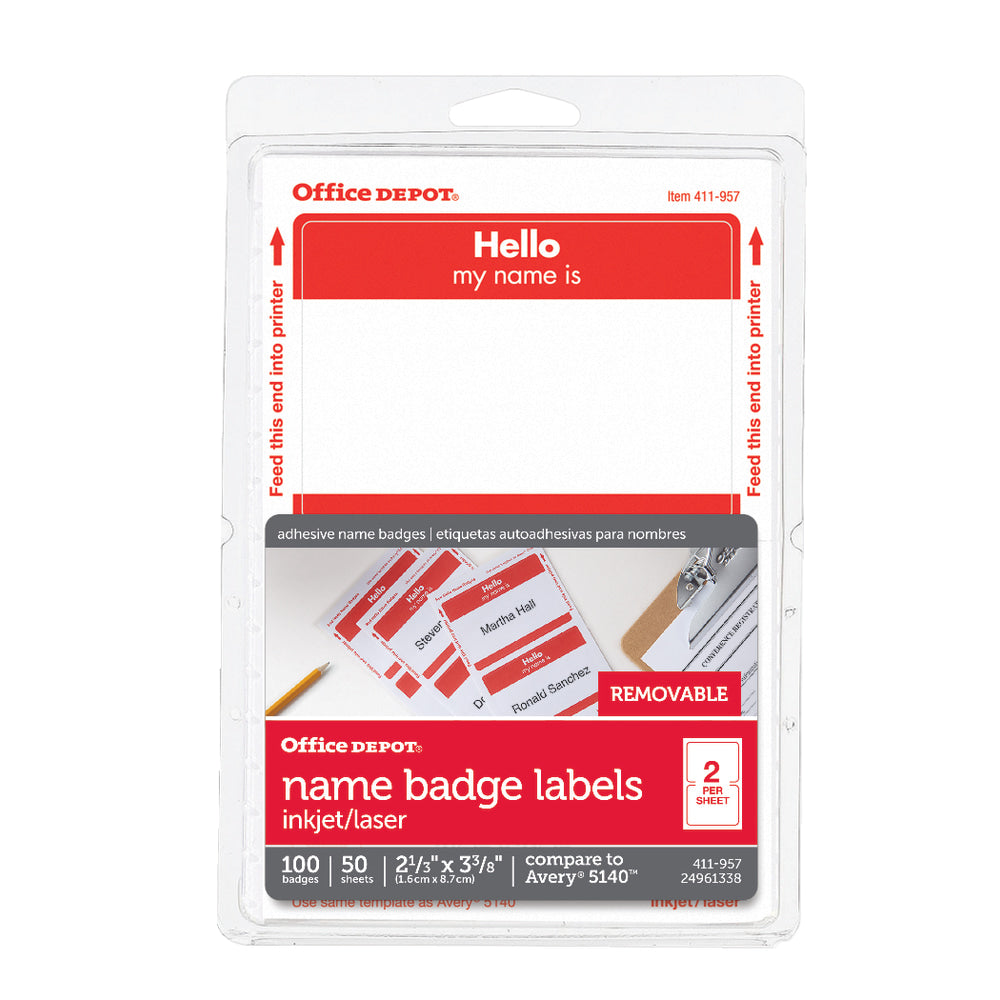 Office Depot Brand Hello Name Badge Labels, 2 11/32in x 3 3/8in, Red Border, Pack Of 100