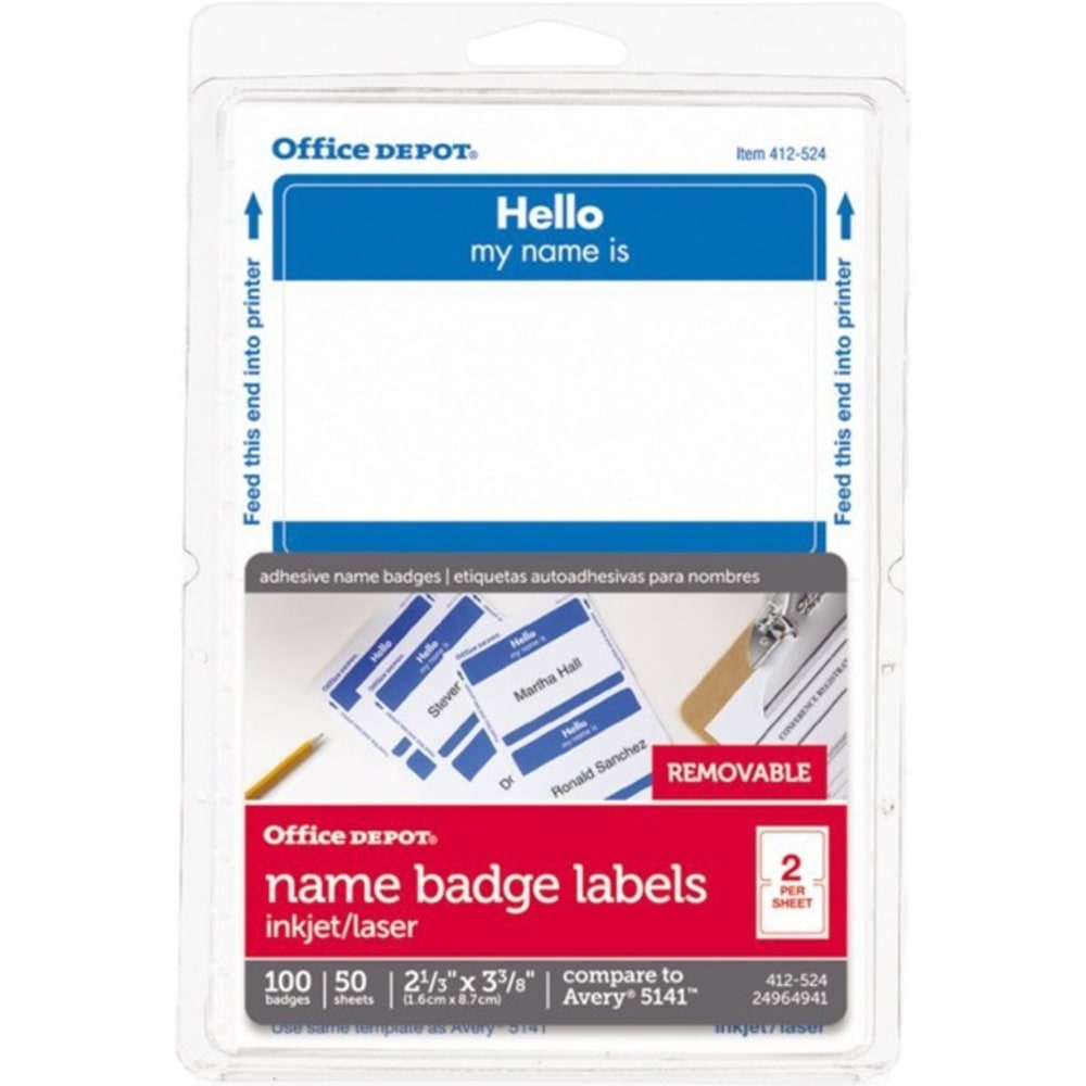 Office Depot Brand Hello Name Badge Labels, 2 11/32in x 3 3/8in, Blue Border, Pack Of 100