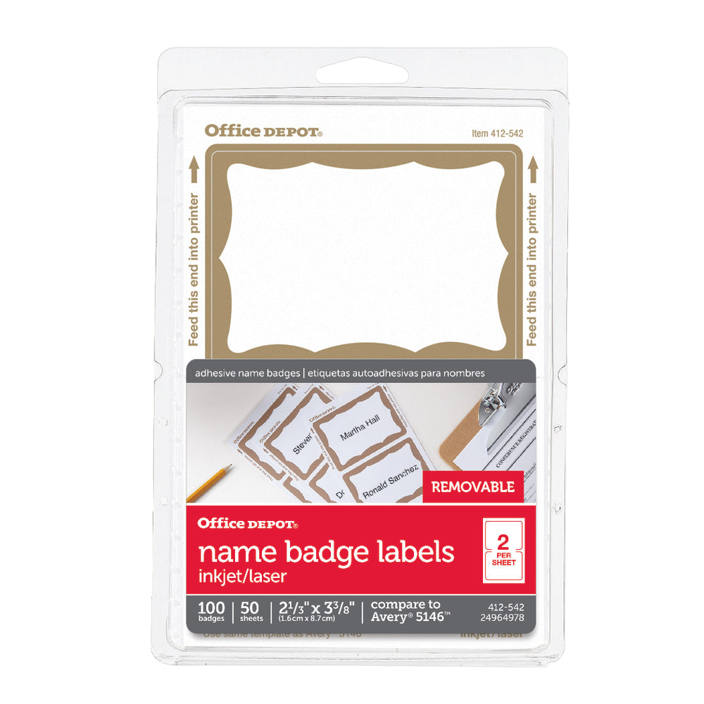 Office Depot Brand Name Badge Labels, 2 11/32in x 3 3/8in, Gold Border, Pack Of 100