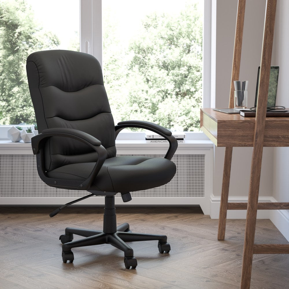 Flash Furniture LeatherSoft Faux Leather Mid-Back Swivel Task Chair With 24 1/2in Back Cushion, Black
